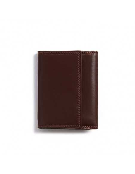 Small brown leather wallet with double stitching and coin pocket, rear view, on a white background - MONPIEL