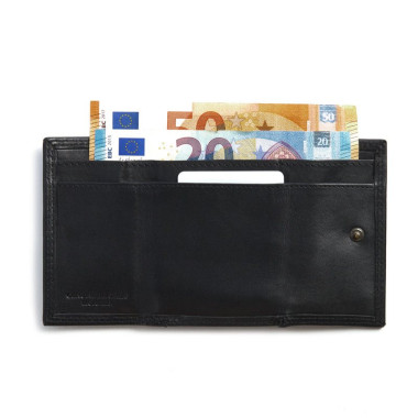 Small black leather wallet with double stitching and coin pocket, front view, on a white background - MONPIEL 2