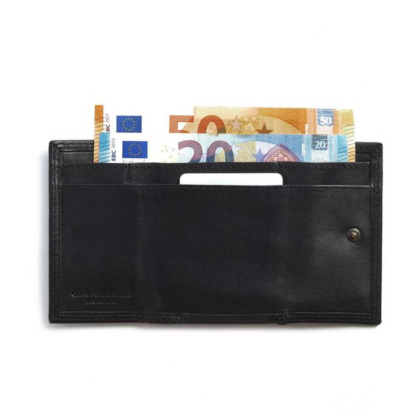Small black leather wallet with double stitching and coin pocket, rear view, open, on a white background - MONPIEL