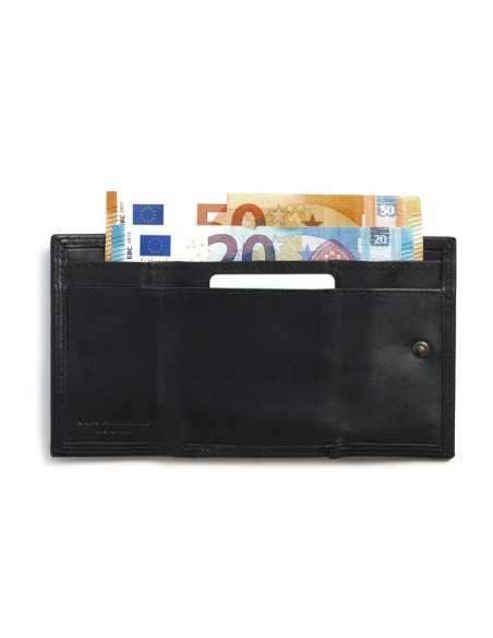Small black leather wallet with double stitching and coin pocket, rear view open on white background - MONPIEL