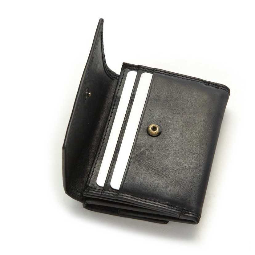 Small black leather wallet with double stitching and coin pocket, open coin pocket detail, on a white background - MONPIEL