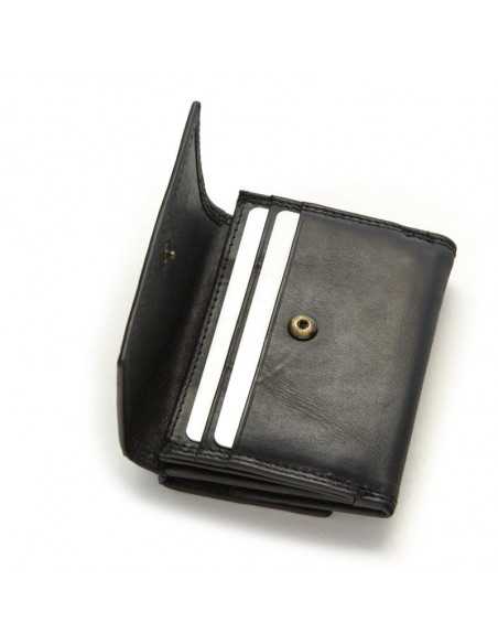 Petit portefeuille en cuir noir avec double couture et porte-monnaie, détail du porte-monnaie ouvert sur fond blanc - MONPIEL
