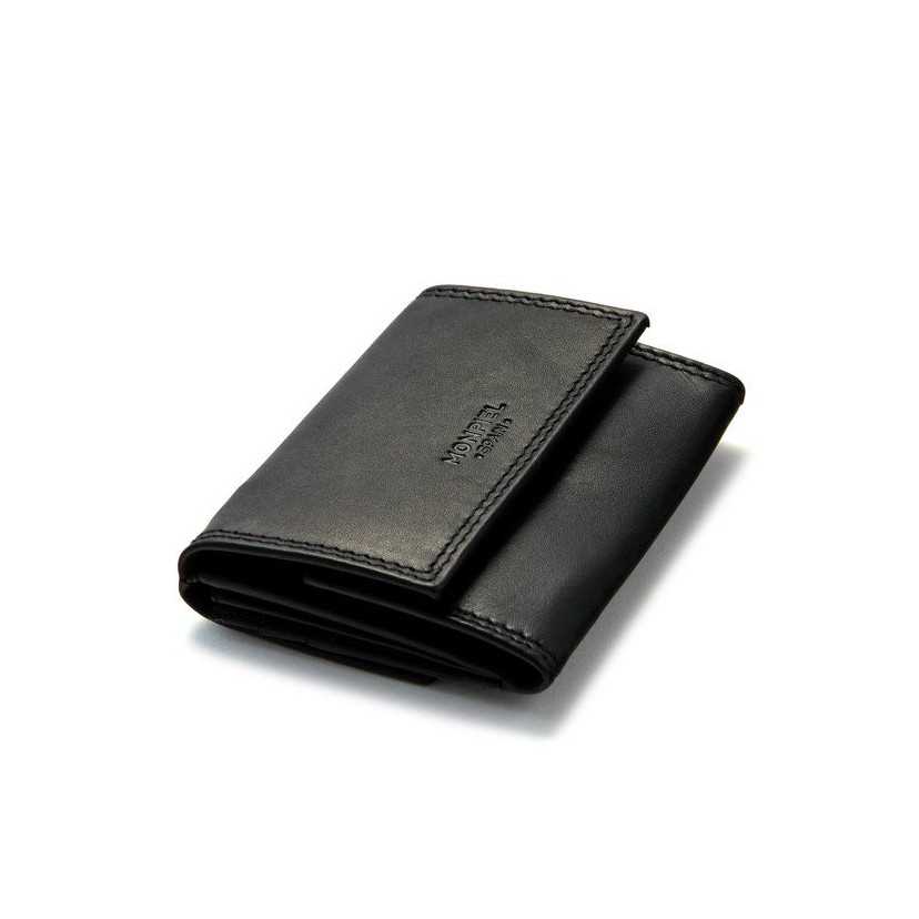Small black leather wallet with double stitching and coin pocket, perspective view, on a white background - MONPIEL