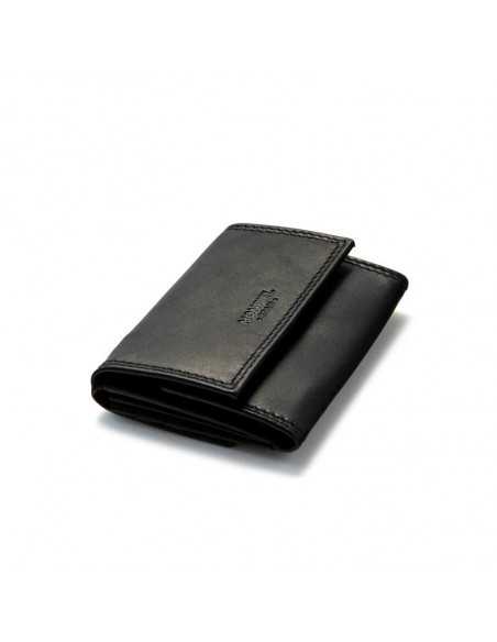 Small black leather wallet with double stitching and coin pocket, perspective view on white background - MONPIEL