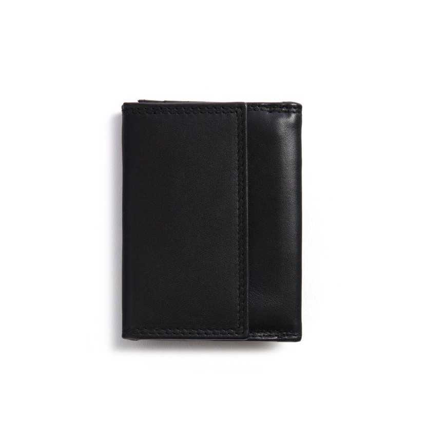 Small black leather wallet with double stitching and coin pocket, rear view, on a white background - MONPIEL