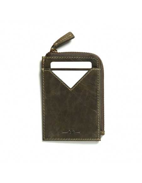 Men’s green leather zippered cardholder, front view, on a white background - MONPIEL