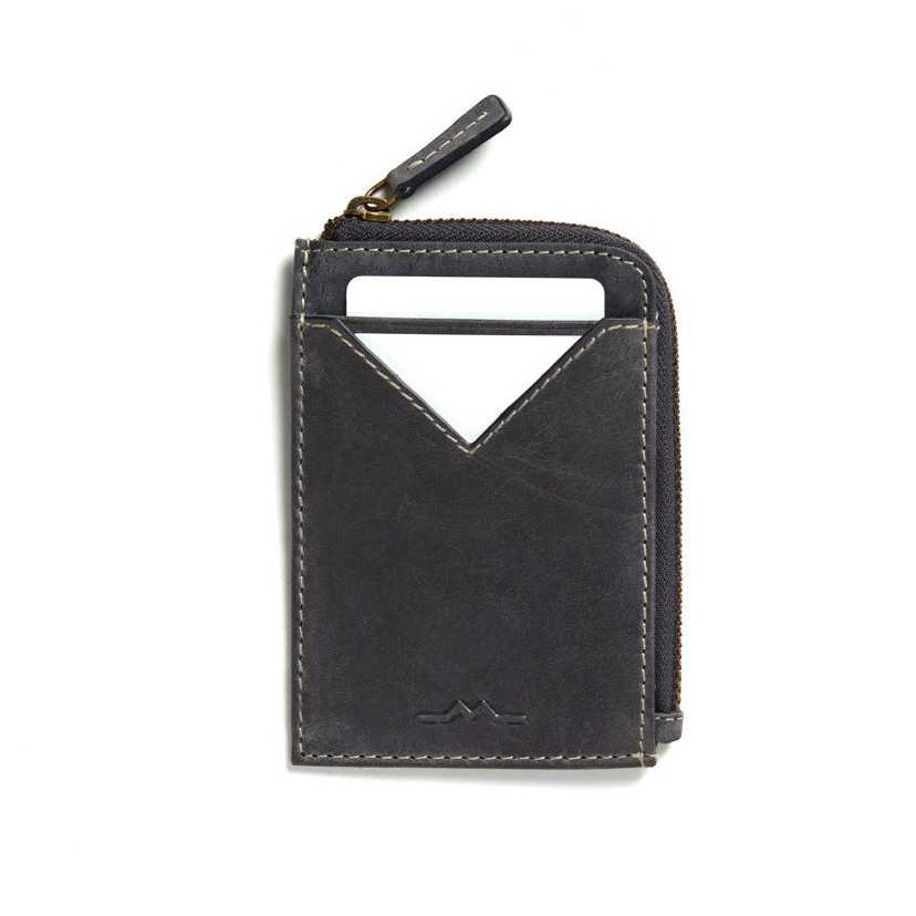Porta-cartões masculino de couro azul com zíper, vista frontal sobre fundo branco - MONPIEL