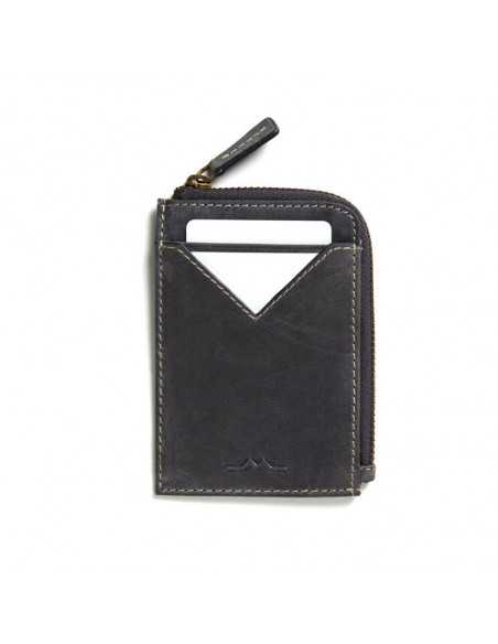 Men's blue leather zippered cardholder, front view on white background - MONPIEL
