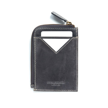 Porte-cartes pour homme en cuir vert avec fermeture éclair, vue de face sur fond blanc - MONPIEL 2