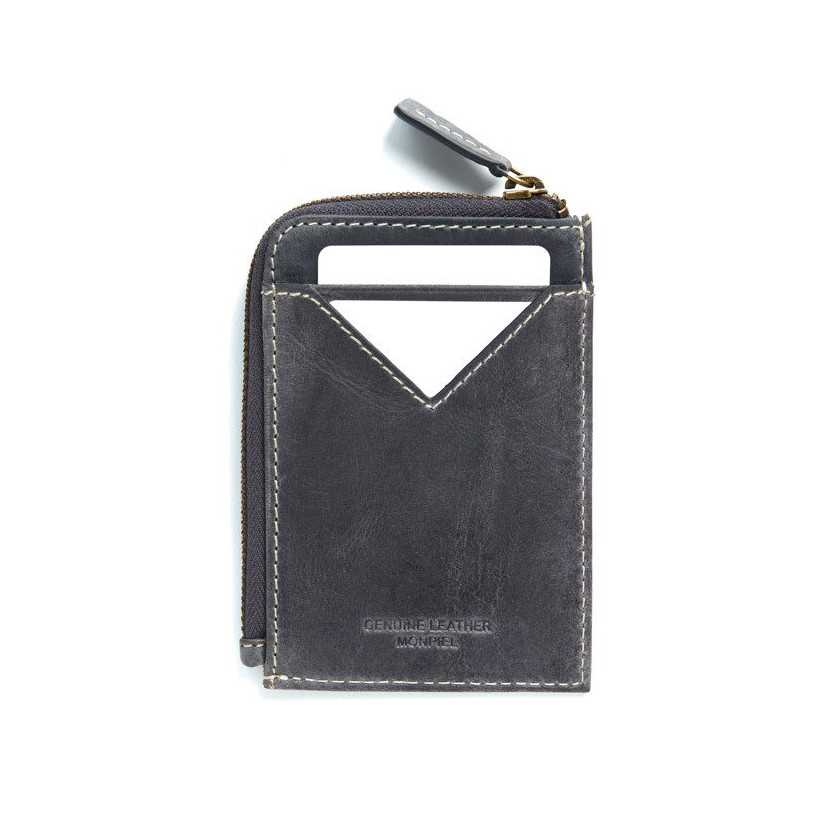 Porta-cartões masculino de couro azul com zíper, vista traseira sobre fundo branco - MONPIEL