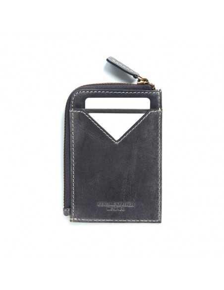 Men's blue leather zippered cardholder, rear view on white background - MONPIEL