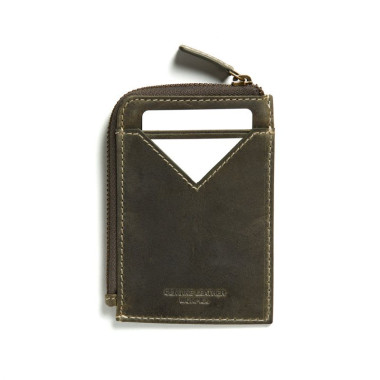 Porta-cartões masculino de couro verde com zíper, vista frontal sobre fundo branco - MONPIEL 2