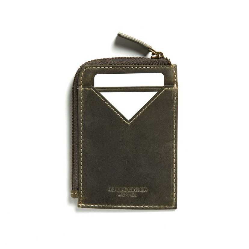 Porta-cartões masculino de couro verde com zíper, vista traseira sobre fundo branco - MONPIEL