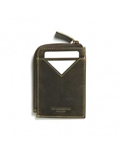 Men's green leather zippered cardholder, rear view on white background - MONPIEL