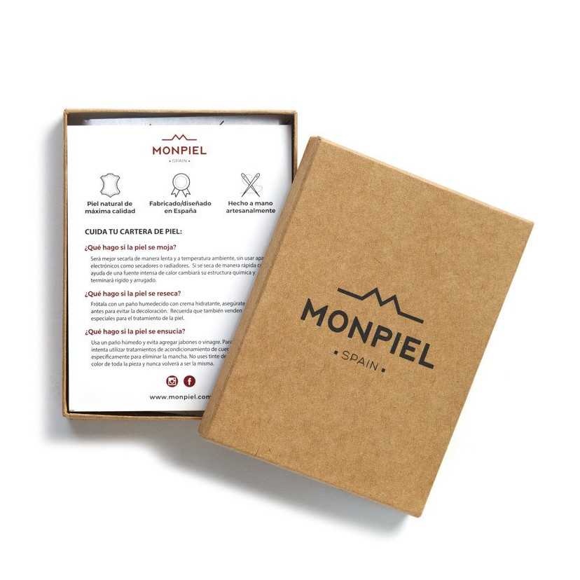 Caixa para porta-cartões masculino slim com zíper, aberta sobre fundo branco - MONPIEL