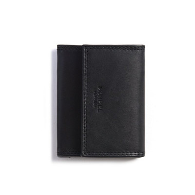 Small black leather wallet with double stitching and coin pocket, front view, on a white background - MONPIEL 2
