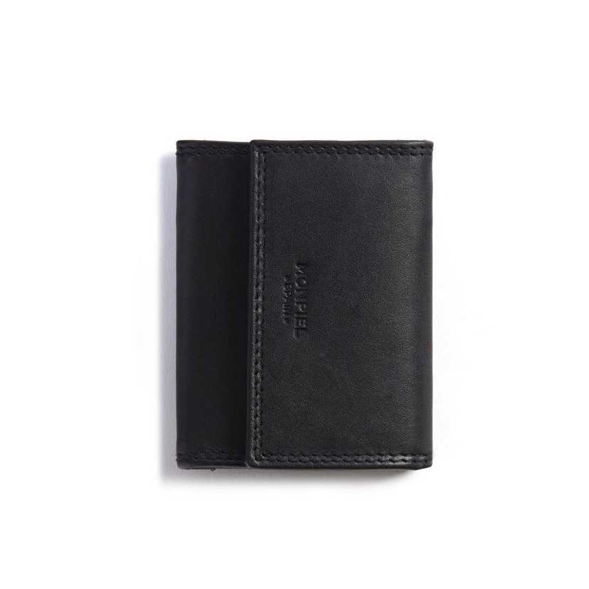 Small black leather wallet with double stitching and coin pocket, front view, on a white background - MONPIEL