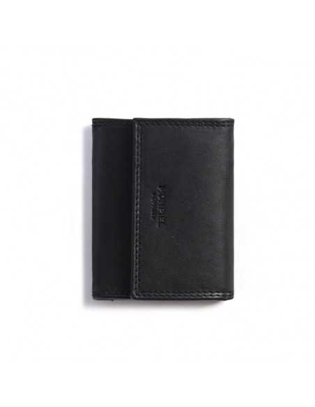 Small black leather wallet with double stitching and coin pocket, front view on white background - MONPIEL