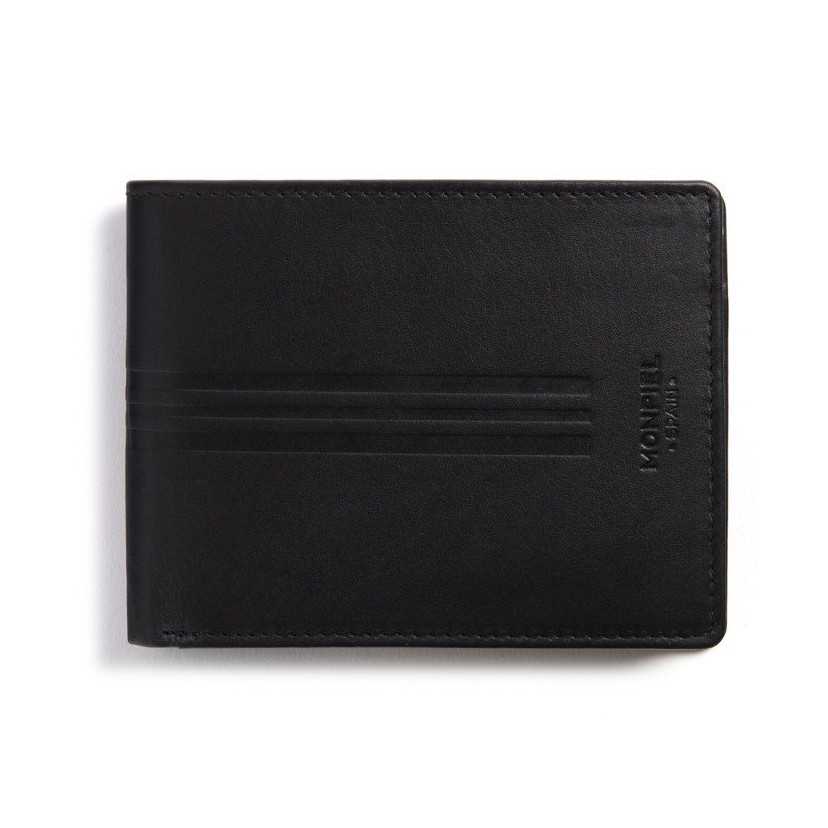 Large black leather American-style wallet with coin pocket, front view, on a white background - MONPIEL