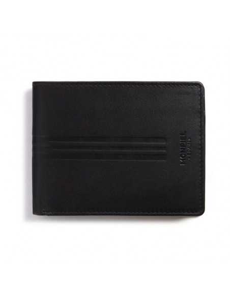 Large black leather American-style wallet with coin pocket, front view, on a white background - MONPIEL Large black leather American-style wallet with coin pocket, front view, on a white background - MONPIEL