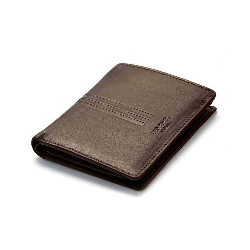 Brown leather wallet with clasp and coin pocket, perspective view, on a white background - MONPIEL
