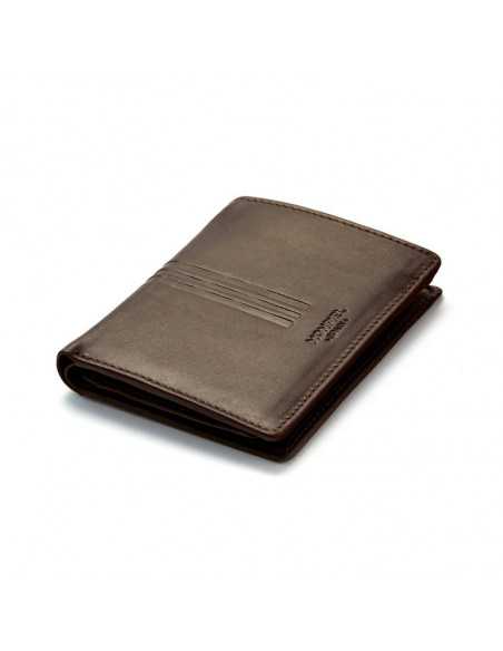 Brown leather wallet with snap closure and coin pocket, perspective view on white background - MONPIEL