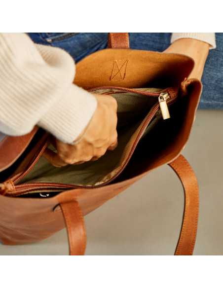 Sac shopper couleur cuir avec détail intérieur, fermeture éclair ouverte - MONPIEL
