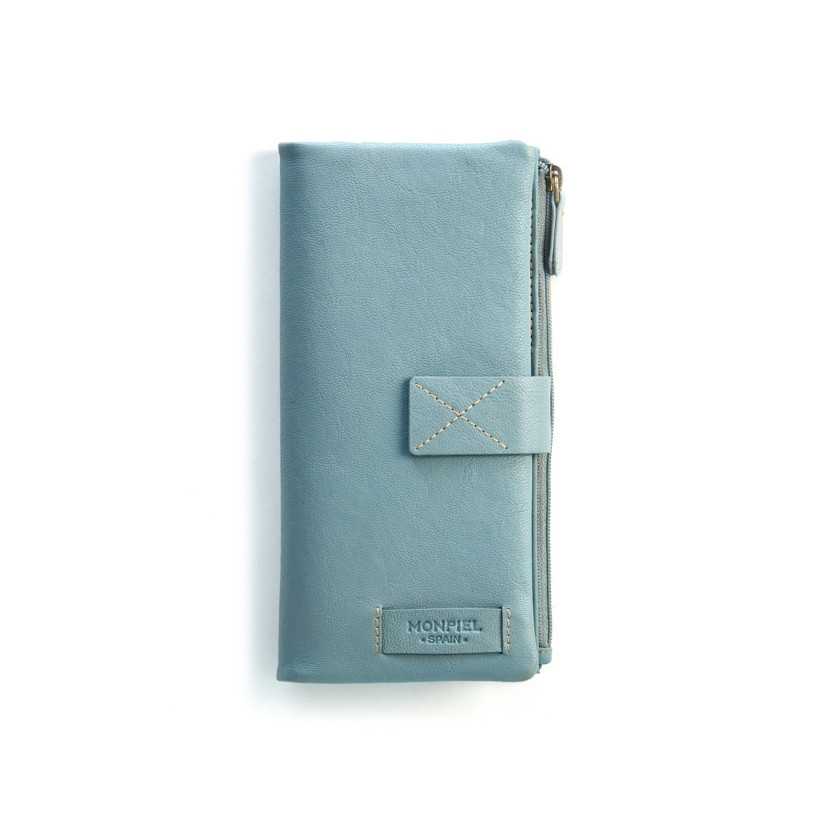 Brieftasche, Brosche und Geldbeutel - Glatter XL Reißverschluss Blau Vorne.