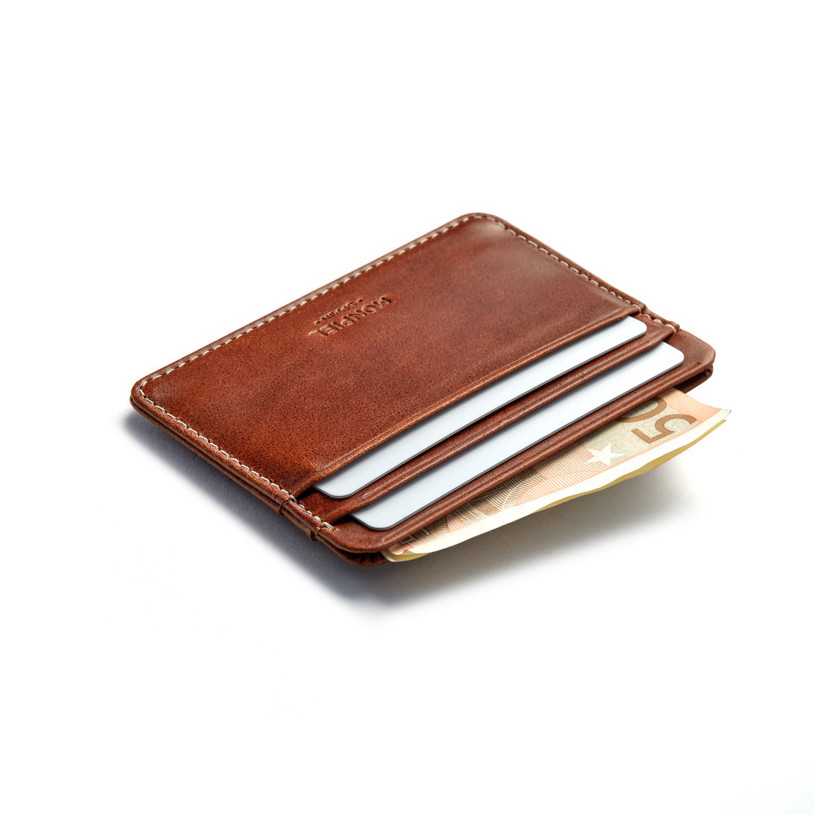 Mini Havana leather cardholder with card slot detail, on a white background - MONPIEL