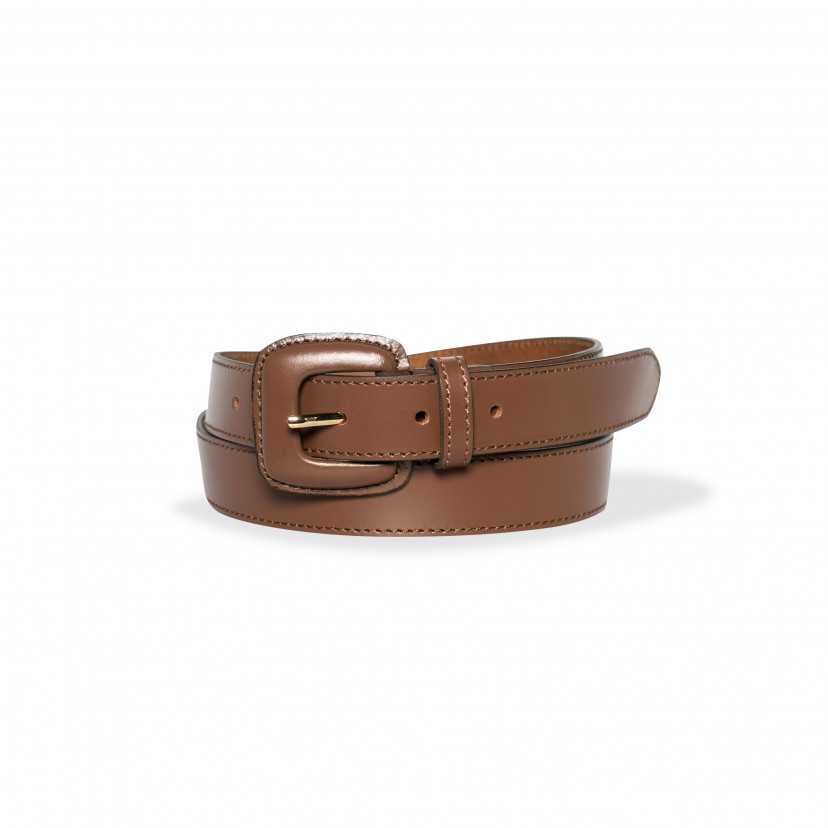 Women’s brown leather belt with covered buckle, rolled up, on a white background - MONPIEL