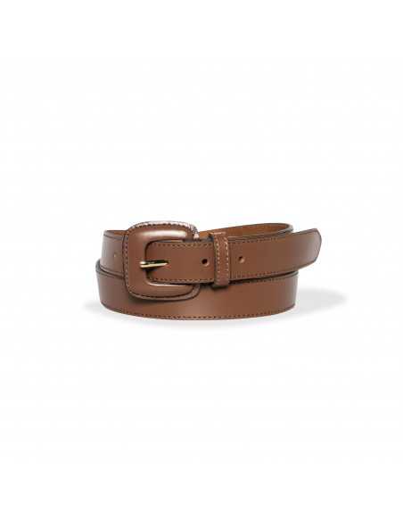 Brown leather women’s belt with covered buckle, rolled on white background - MONPIEL Brown leather women’s belt with covered buckle, rolled on white background - MONPIEL