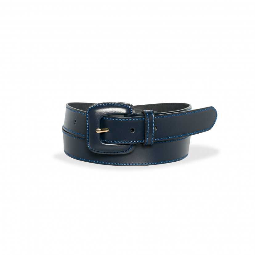 Women’s navy leather belt with covered buckle, rolled up, on a white background - MONPIEL