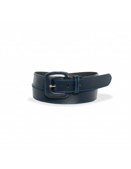 Navy leather women’s belt with covered buckle, rolled on white background - MONPIEL
