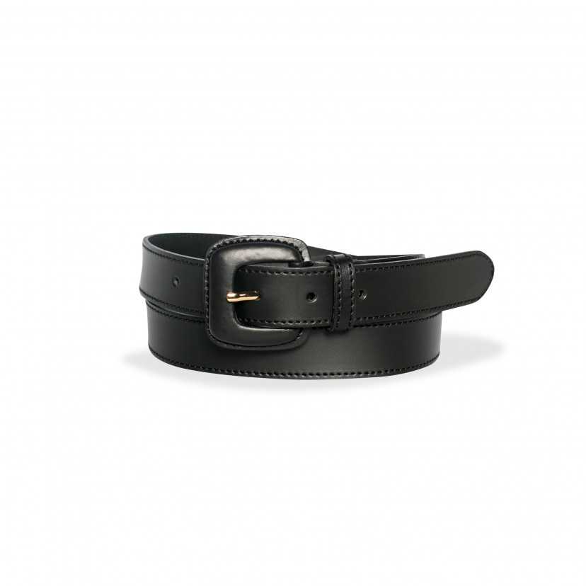 Women’s black leather belt with covered buckle, rolled up, on a white background - MONPIEL