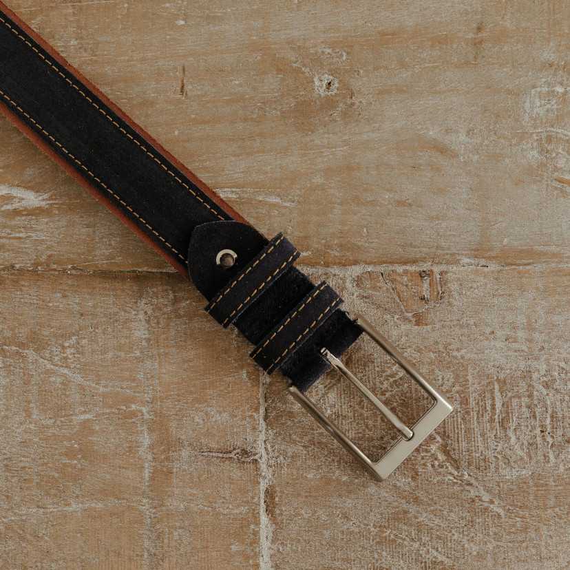 Navy blue leather belt with a rectangular metal buckle and brown leather tip - MONPIEL