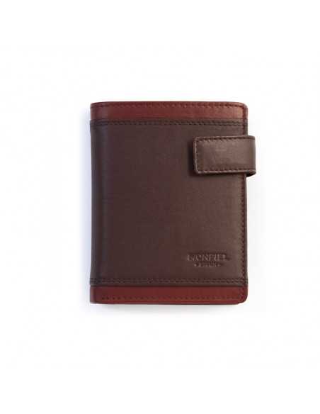 Men’s brown leather wallet with snap closure, front view on white background - MONPIEL Men’s brown leather wallet with snap closure, front view on white background - MONPIEL