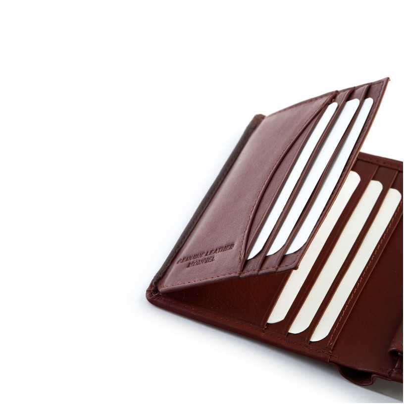 Men’s brown leather wallet with clasp, card slot details, on a white background - MONPIEL