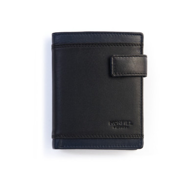 Portefeuille homme en cuir noir avec bouton-pression, vue de face sur fond blanc - MONPIEL 2