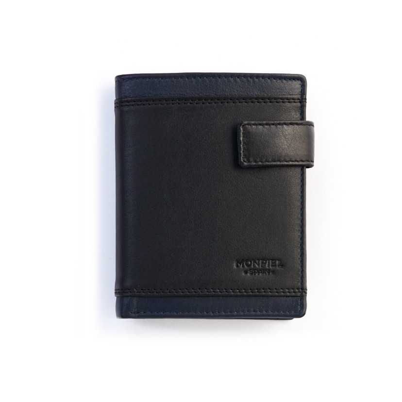 Men’s black leather wallet with clasp, front view, on a white background - MONPIEL