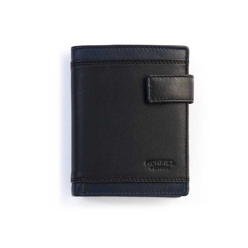 Men's black leather wallet with clasp.