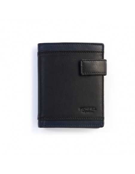 Portefeuille homme en cuir noir avec bouton-pression, vue de face sur fond blanc - MONPIEL