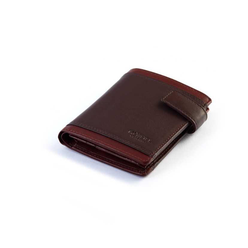 Men’s brown leather wallet with clasp, perspective view, on a white background - MONPIEL