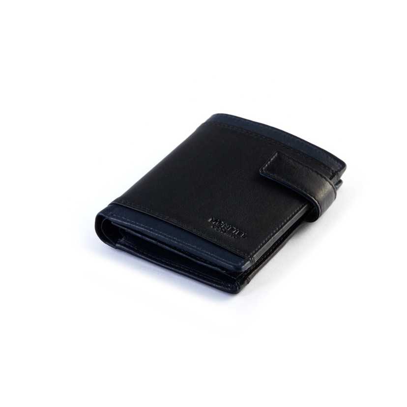 Men’s black leather wallet with clasp, perspective view, on a white background - MONPIEL