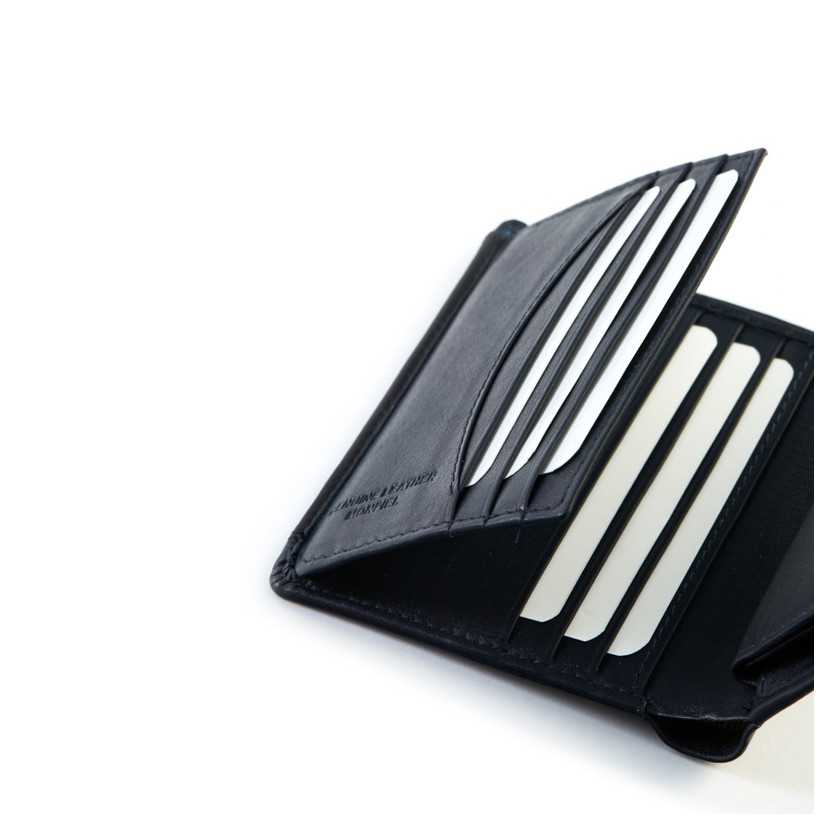 Men’s black leather wallet with clasp, card slot details, on a white background - MONPIEL