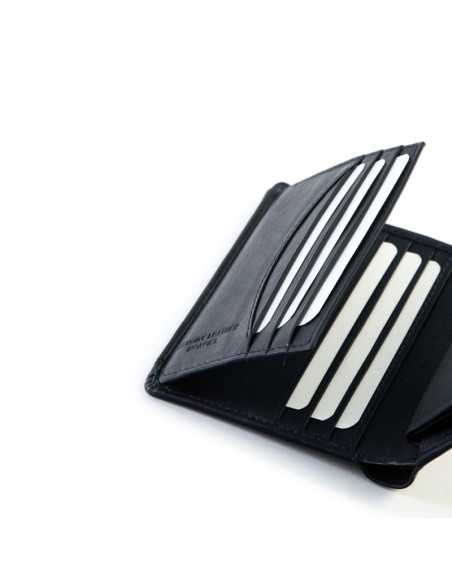 Men’s black leather wallet with clasp, card slot details, on a white background - MONPIEL Men’s black leather wallet with clasp, card slot details, on a white background - MONPIEL