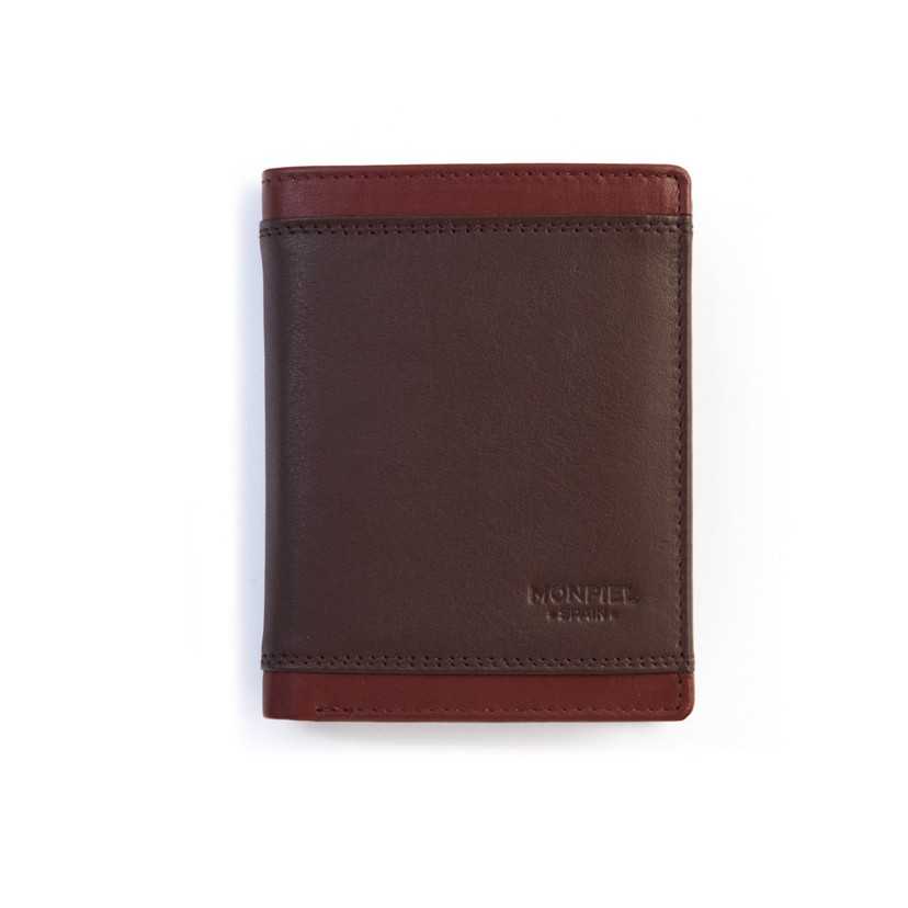 Brown leather wallet with coin pocket Lago, front view, on a white background - MONPIEL