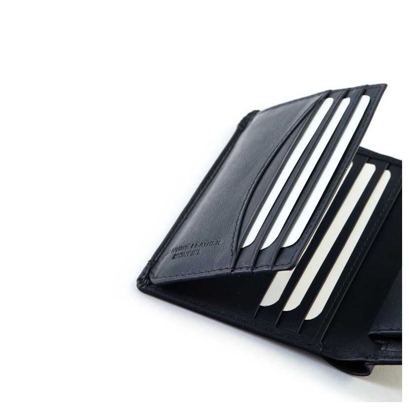 Black leather wallet with coin pocket Lago, card slot details, on a white background - MONPIEL