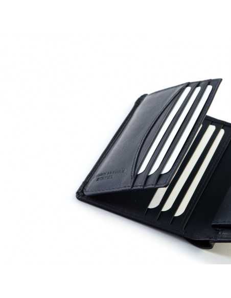 Black Lago leather wallet with coin pocket, card slot detail on white background - MONPIEL