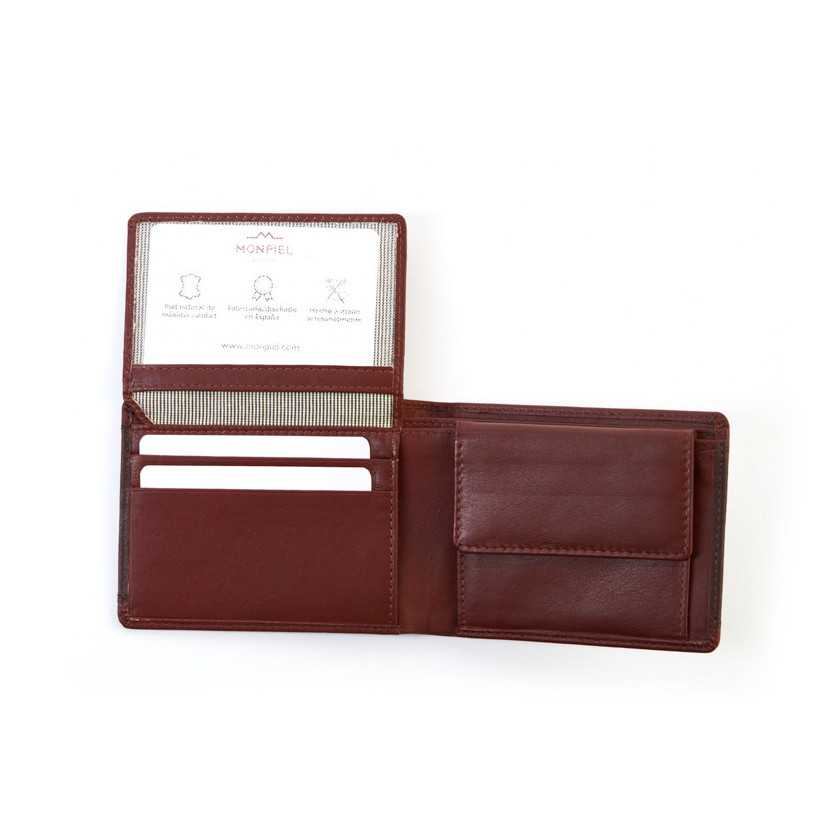 American leather wallet with coin pocket and cardholder in brown, open cardholder detail, card slots, on a white backg - MONPIEL