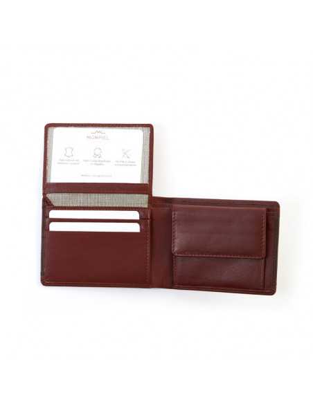 Brown leather American wallet with coin pocket and cardholder, open cardholder detail, card slots on white background - MONPIEL